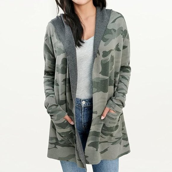 NWT Splendid Reversible Cashmere Blend Camo Hooded Cardigan, Size XS
